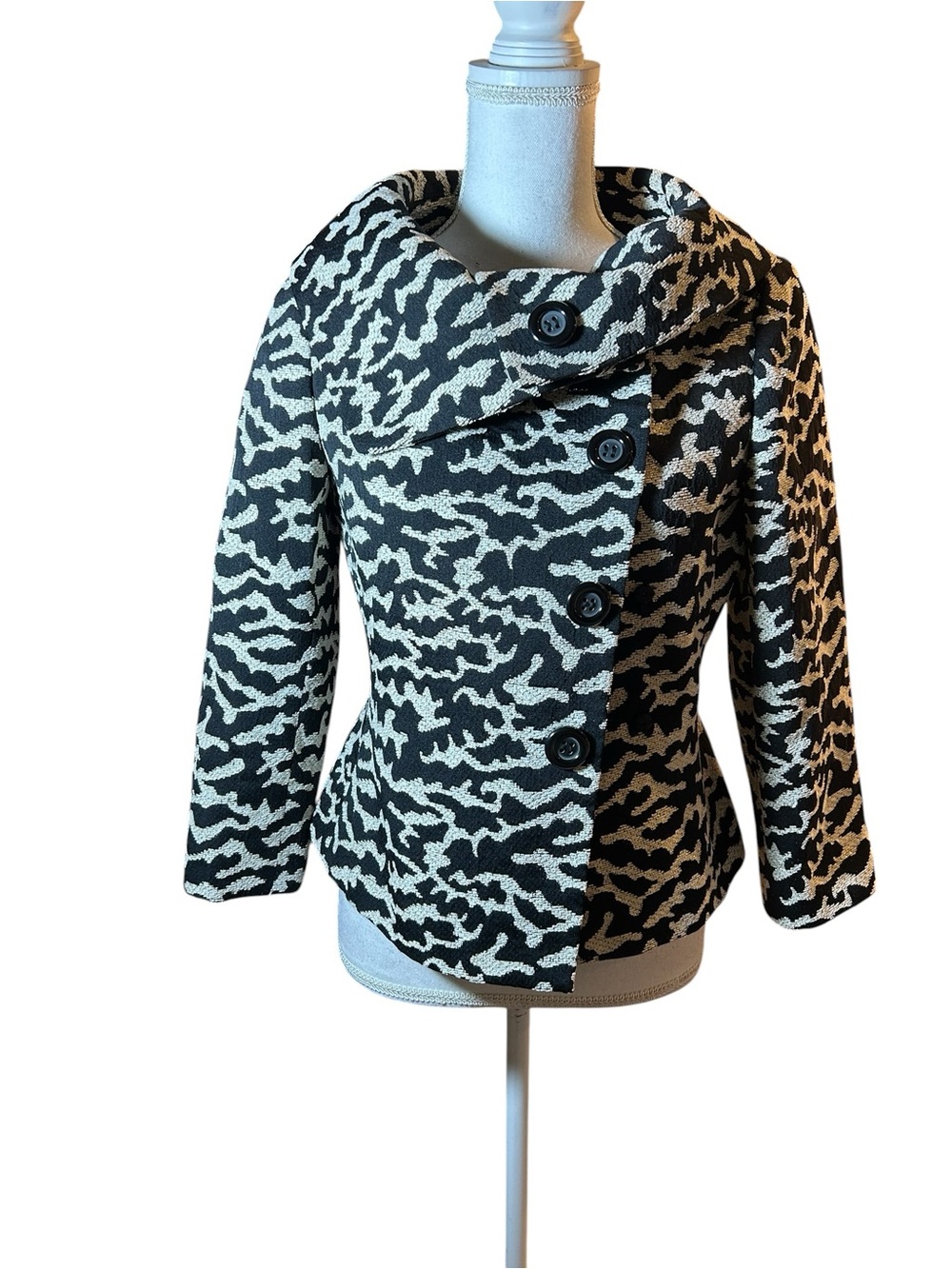Women's Patterned Asymmetrical Button Jacket - Black & Cream - Picture 8 of 8